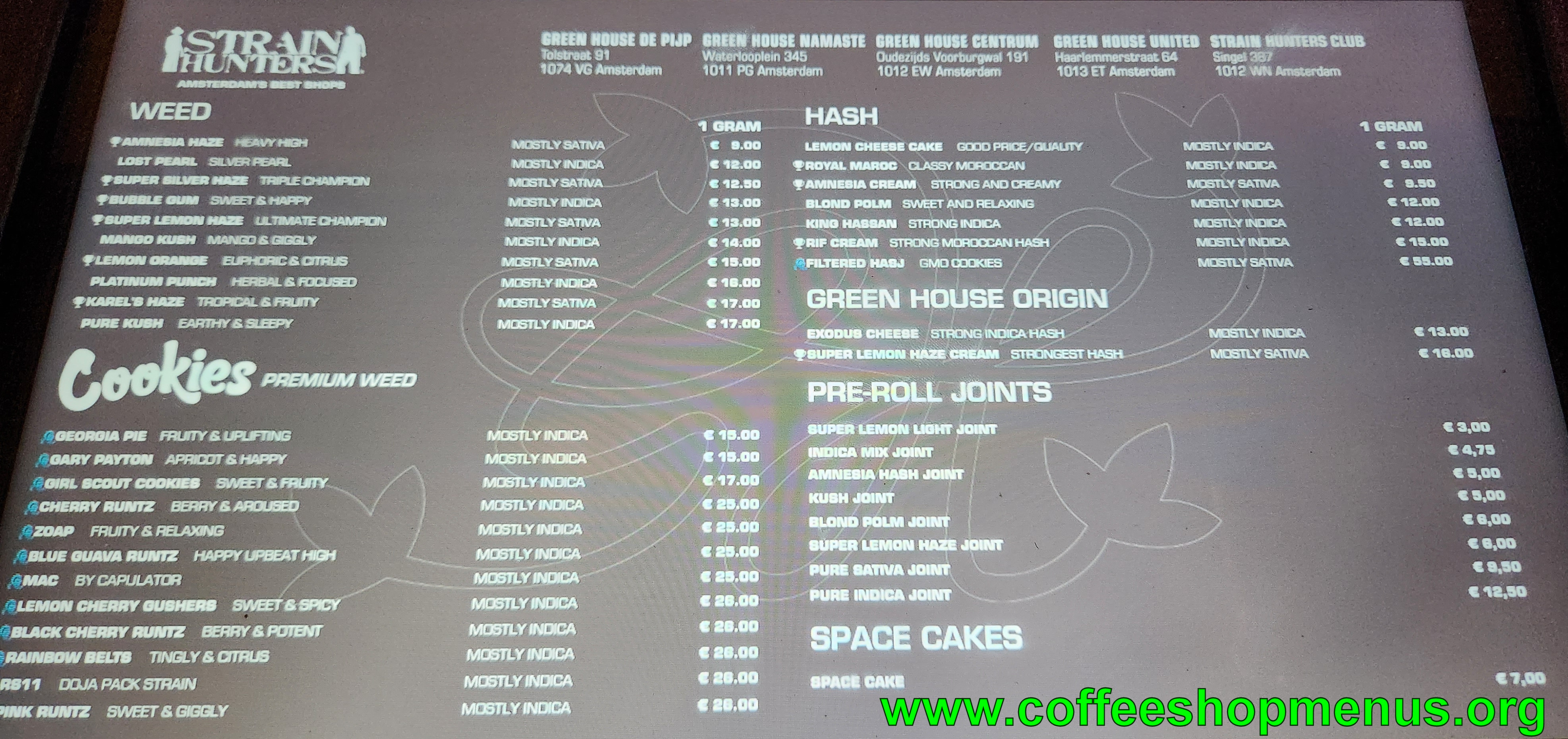 Greenhouse Centrum (menu) Amsterdam Directory